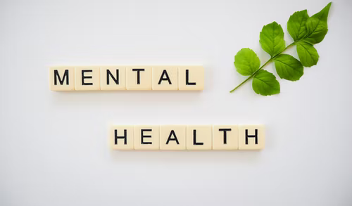 Block letters spelling out the word “mental health” on a white surface