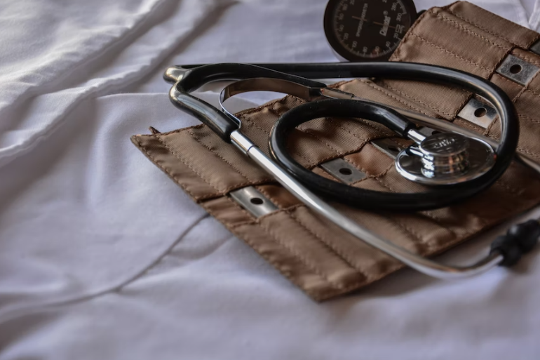  Blood pressure cuff and stethoscope. 